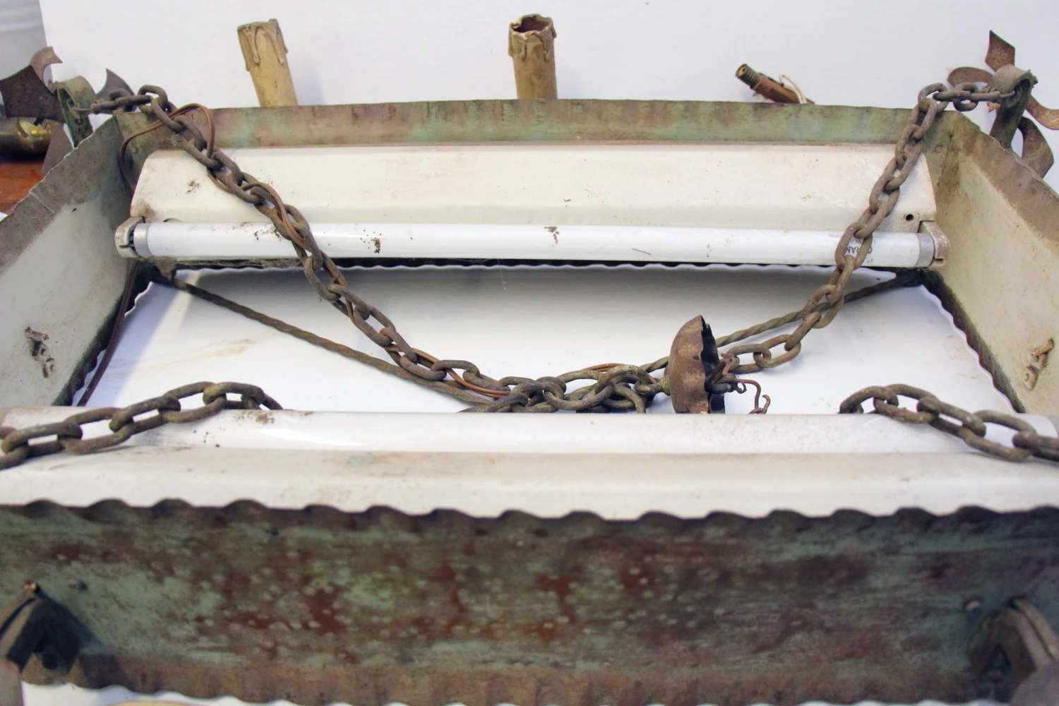 1950s French Steel Hanging Box 8 Light Chandelier 6 1950s French Steel Hanging Box 8 Light Chandelier - Image 4