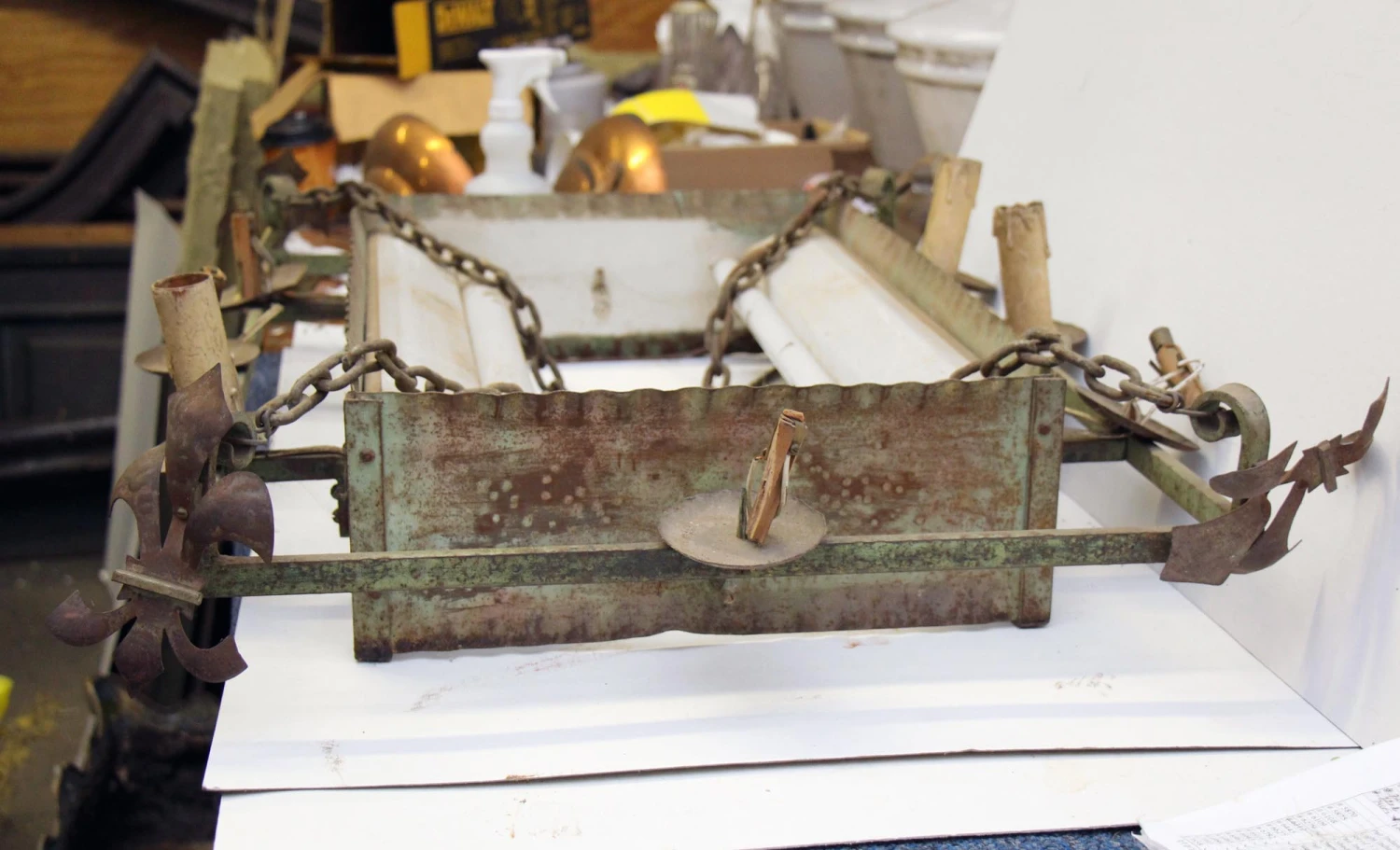 1950s French Steel Hanging Box 8 Light Chandelier 7 1950s French Steel Hanging Box 8 Light Chandelier - Image 5