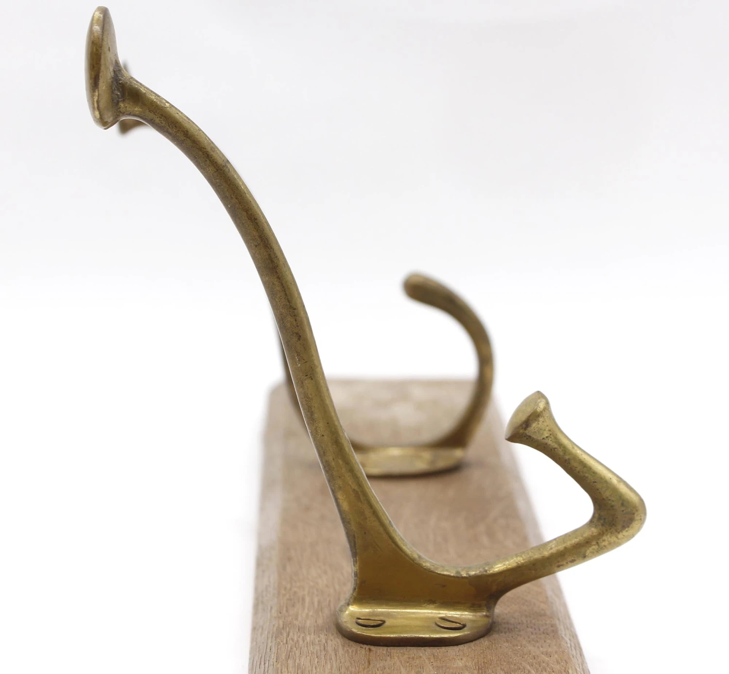 European Vintage Brass Hook Rack On Wooden Plank 6 European Vintage Brass Hook Rack On Wooden Plank - Image 4