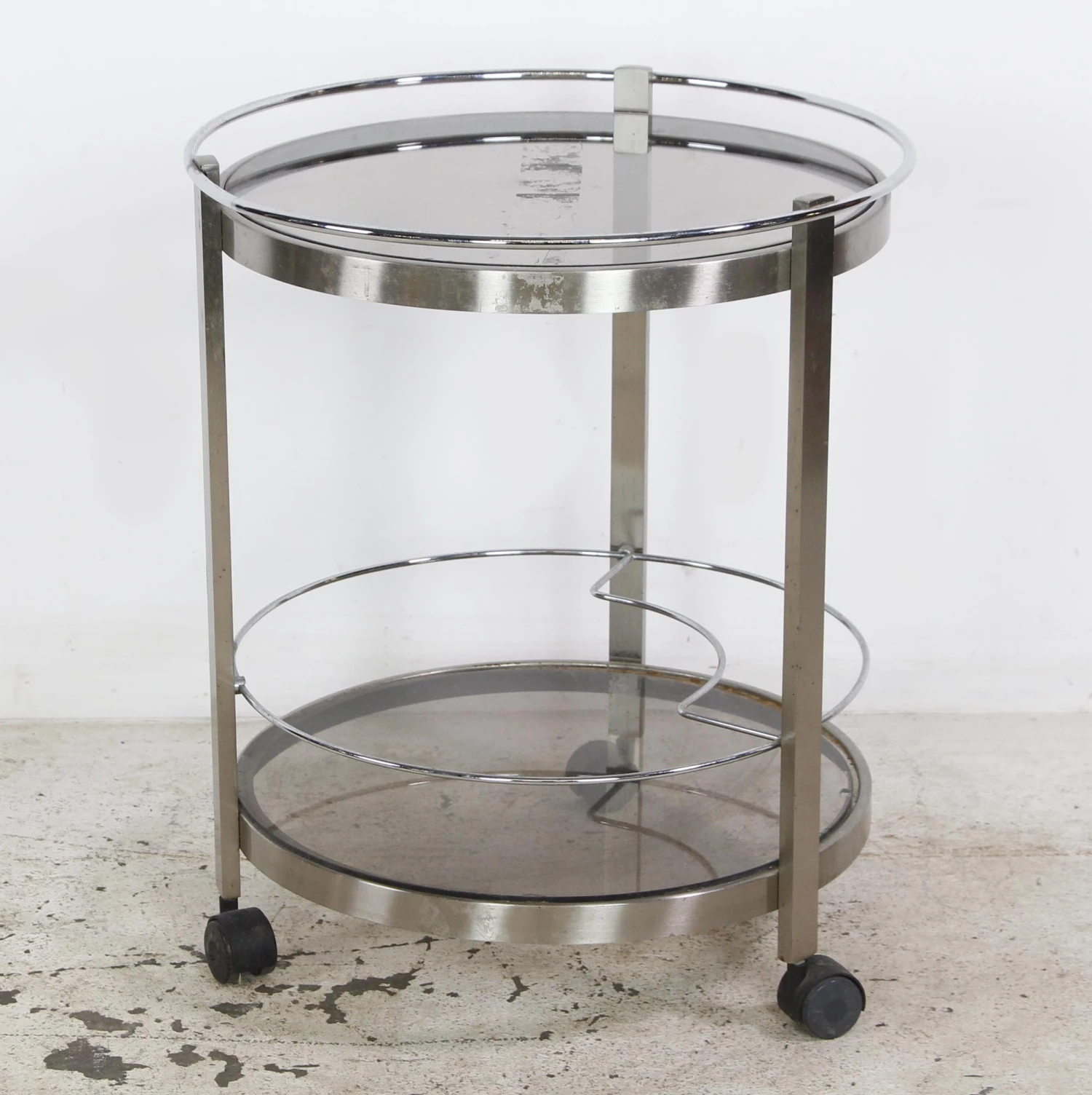 European Nickeled Steel Round Tinted Glass Bar Cart 9 European Nickeled Steel Round Tinted Glass Bar Cart - Image 7