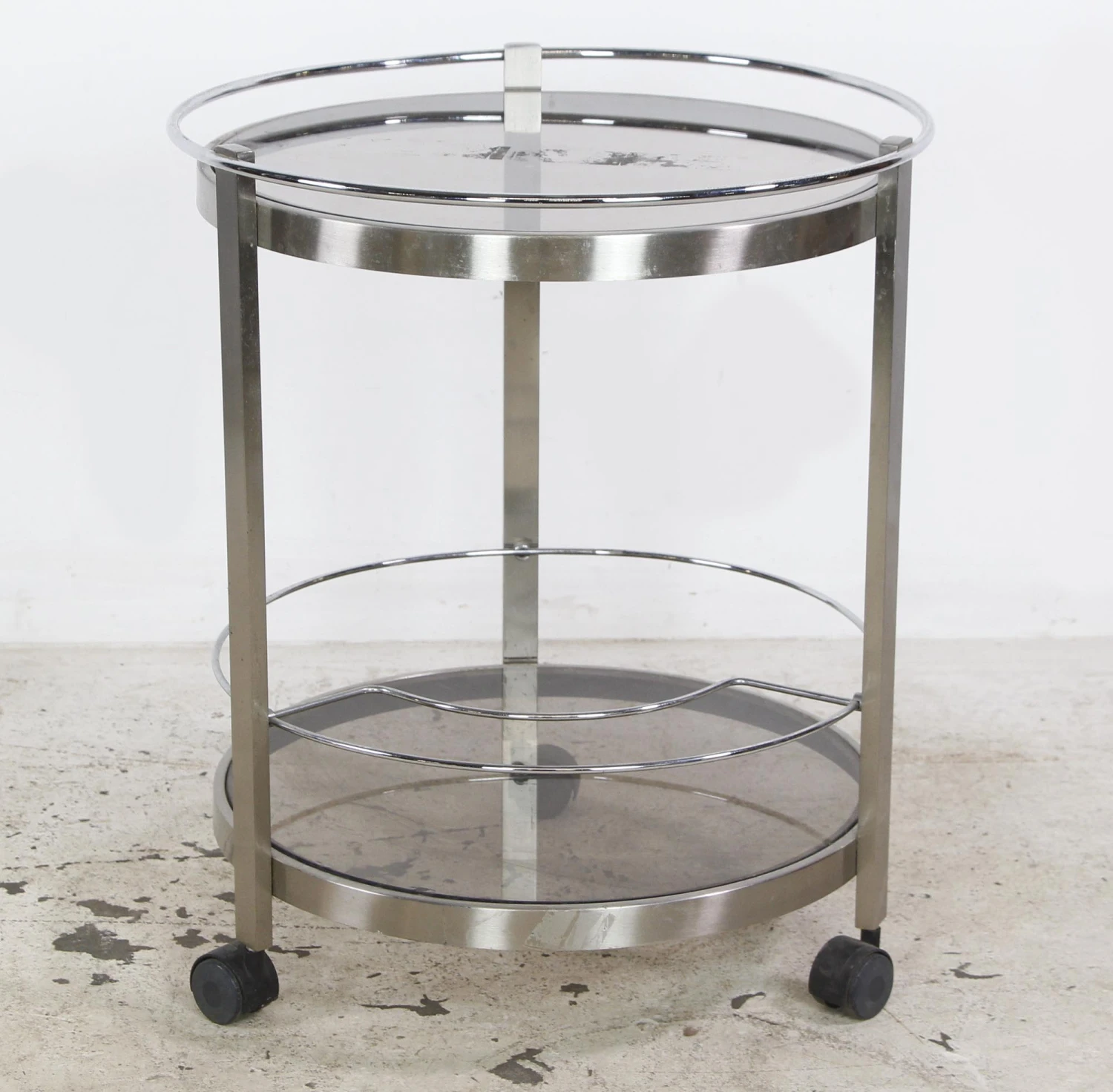 European Nickeled Steel Round Tinted Glass Bar Cart 11 European Nickeled Steel Round Tinted Glass Bar Cart - Image 9