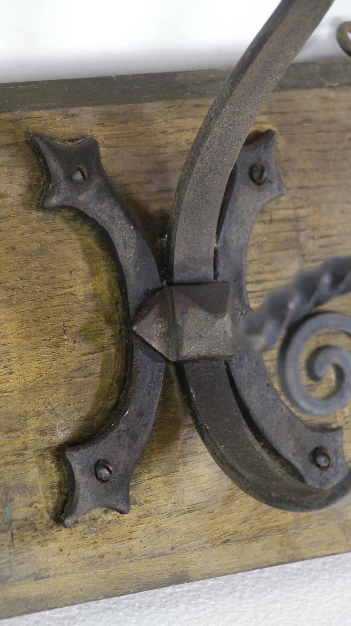 European 3 Curled Wrought Iron Hooks Wood Mount Wall Rack 8 European 3 Curled Wrought Iron Hooks Wood Mount Wall Rack - Image 6