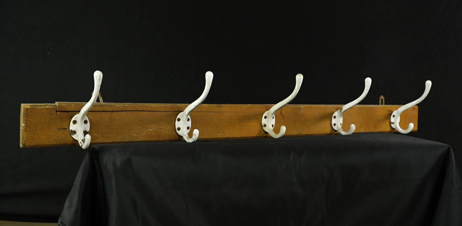 Vintage European 5 Cast Iron Hooks Pine Wall Rack 13 Vintage European 5 Cast Iron Hooks Pine Wall Rack - Image 11