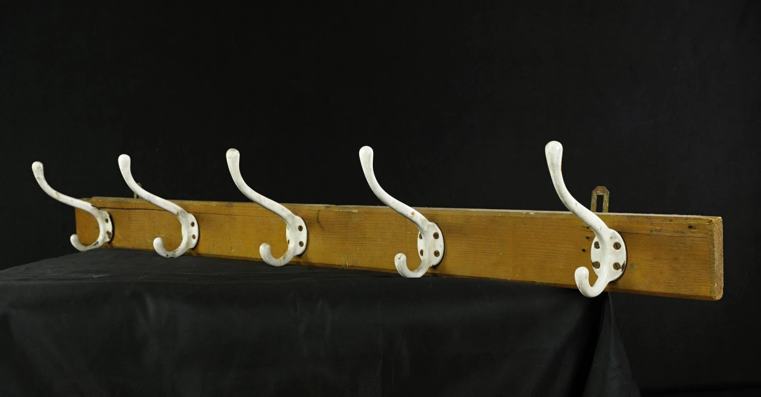 Vintage European 5 Cast Iron Hooks Pine Wall Rack 14 Vintage European 5 Cast Iron Hooks Pine Wall Rack - Image 12