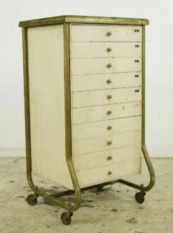 Vintage White Wood Rolling Optician 10 Drawer Medical Cabinet 17 Vintage White Wood Rolling Optician 10 Drawer Medical Cabinet -OGT Sale Store 24bel11216 05