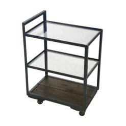 Handcrafted Steel Framed Pine Wired Glass Shelves Bar Cart
