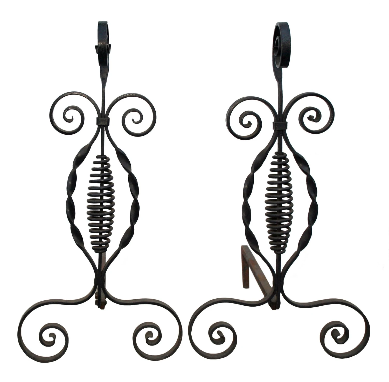 19th Century Hand Forged Wrought Iron Andirons 3 19th Century Hand Forged Wrought Iron Andirons