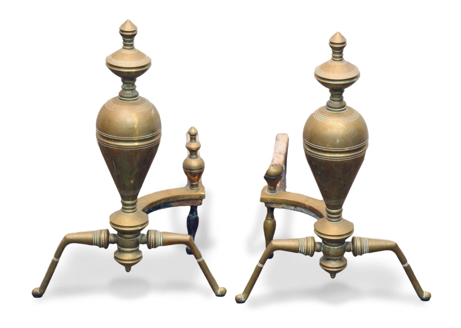 Antique Traditional Steeple Brass & Iron Andirons 3 Antique Traditional Steeple Brass & Iron Andirons