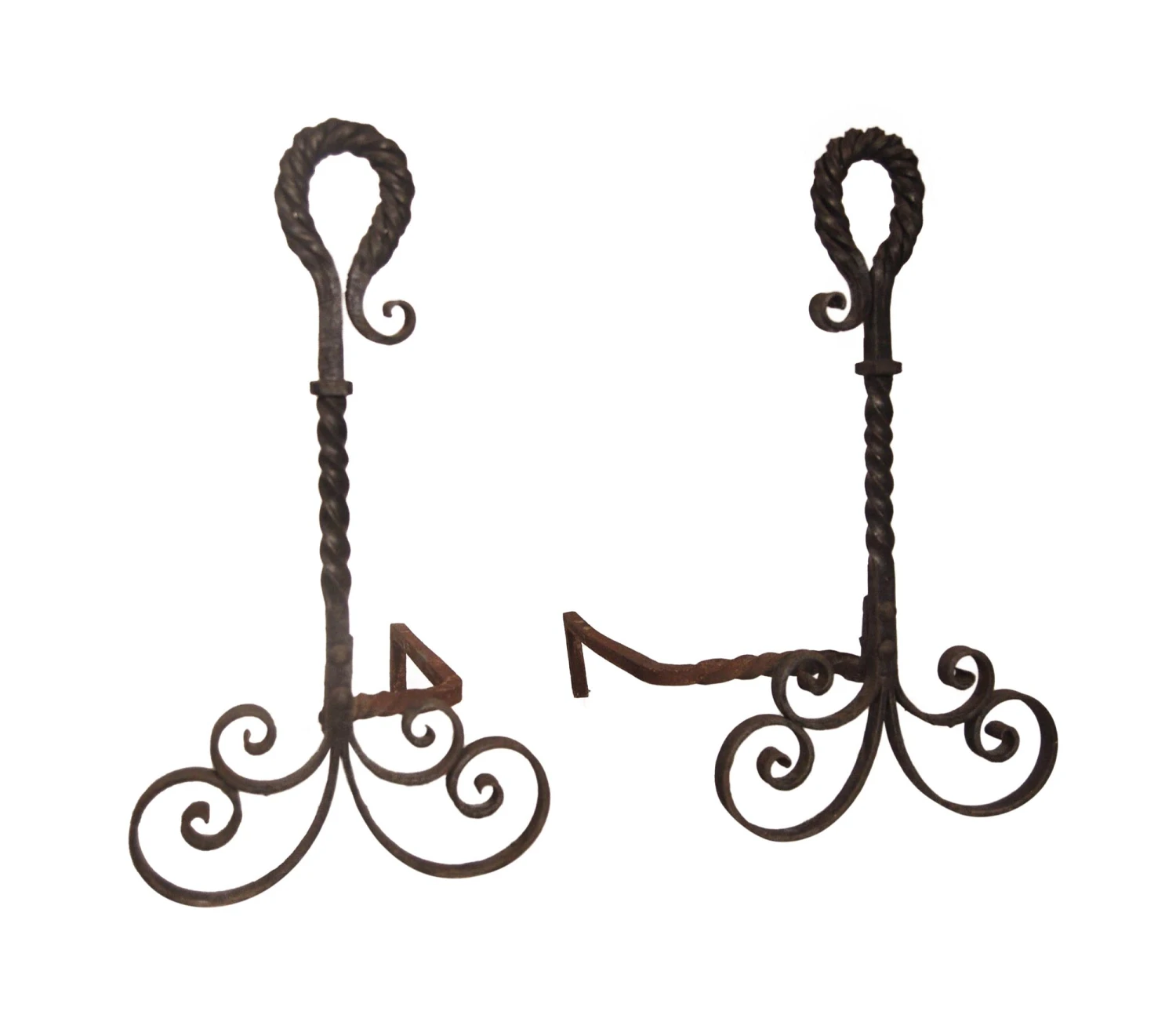 Antique Turned Wrought Iron Pair Of Andirons 3 Antique Turned Wrought Iron Pair Of Andirons