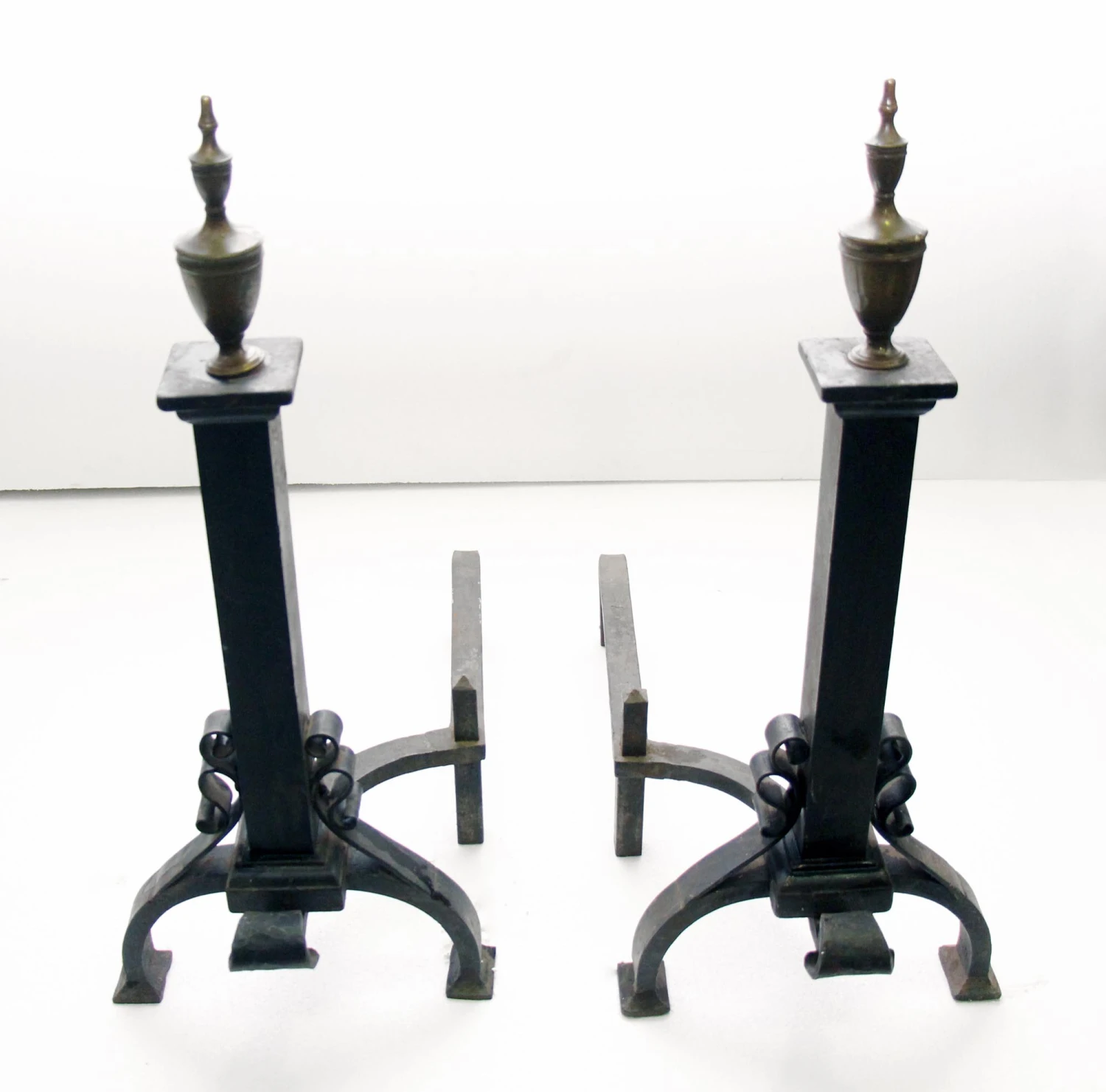 Antique Wrought Iron Andirons With Brass Tips 3 Antique Wrought Iron Andirons With Brass Tips