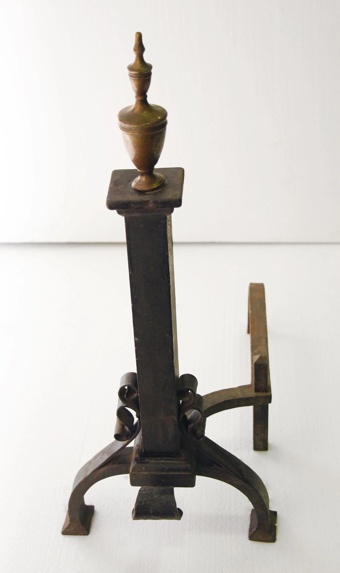 Antique Wrought Iron Andirons With Brass Tips 4 Antique Wrought Iron Andirons With Brass Tips - Image 2