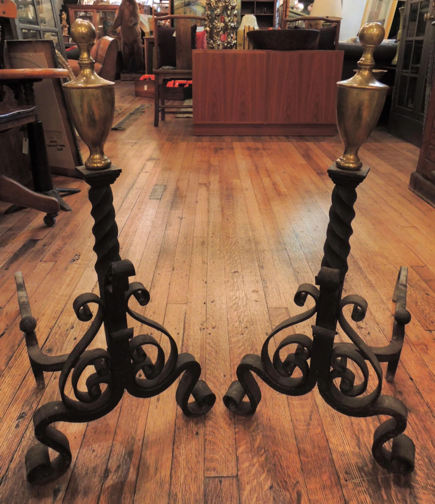 Traditional Hand Wrought Andirons With Brass Finial 4 Traditional Hand Wrought Andirons With Brass Finial - Image 2