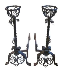 Pair Figural Wrought Iron Andirons