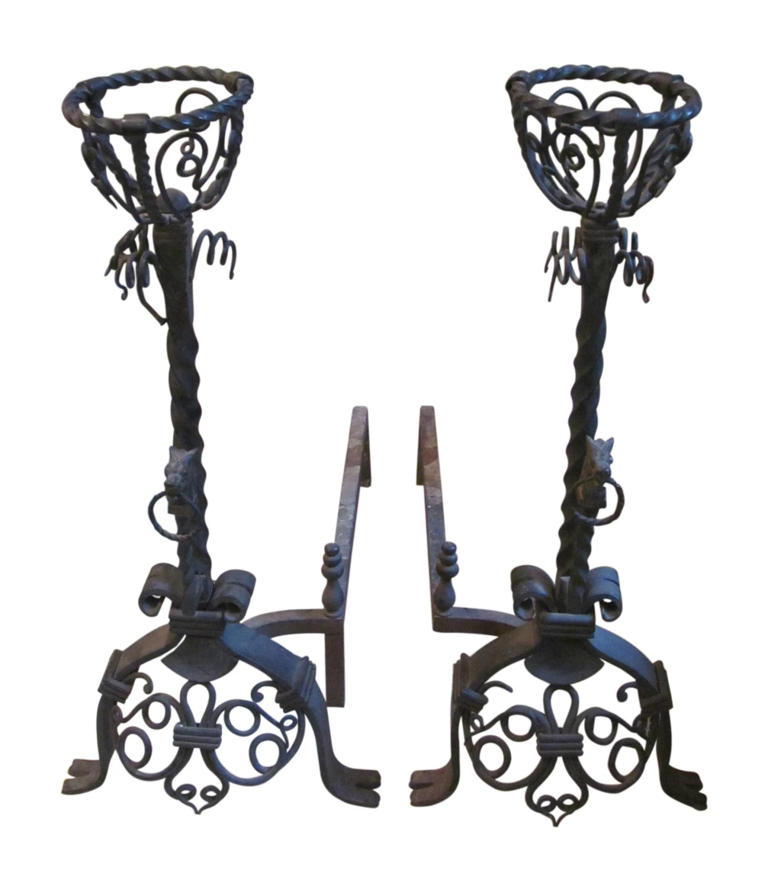 Pair Figural Wrought Iron Andirons 3 Pair Figural Wrought Iron Andirons