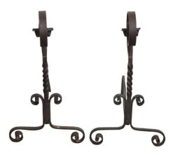 Pair Of Antique Curled Black Cast Iron Andirons
