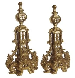 Pair Of Antique Highly Ornate Lion Brass Chenets