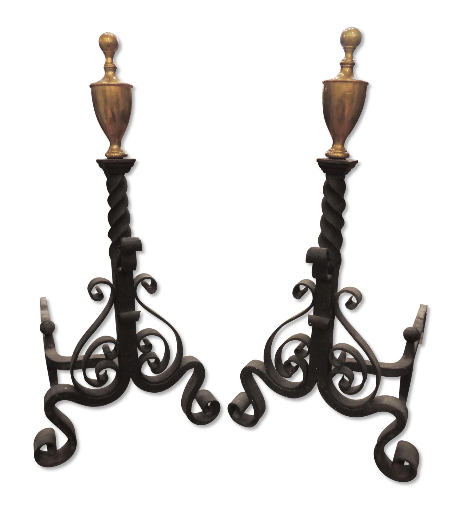 Traditional Hand Wrought Andirons With Brass Finial 3 Traditional Hand Wrought Andirons With Brass Finial