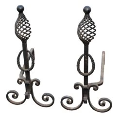 Turn Of The Century Pair Of Wrought Iron Arts & Crafts Andirons