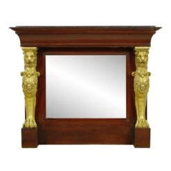 French Empire Wooden Mirror Front Gold Lion Storage Bar With Black Marble Top