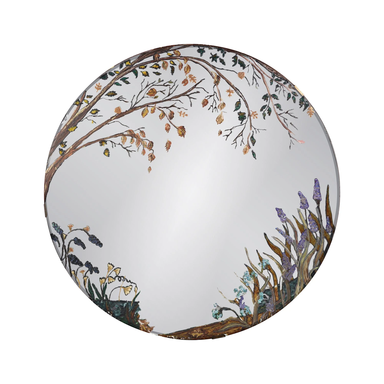 Vintage Hand Painted Edge Floral Round 44 In. Wall Mirror 3 Vintage Hand Painted Edge Floral Round 44 In. Wall Mirror