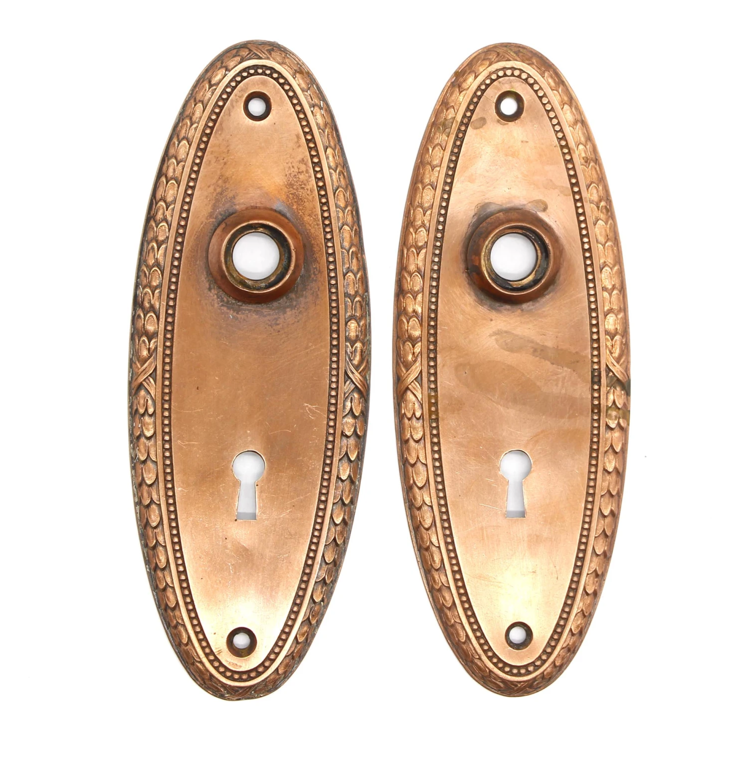 Pair Of 7 In. Copper Plated Brass Keyhole Door Back Plates 3 Pair Of 7 In. Copper Plated Brass Keyhole Door Back Plates