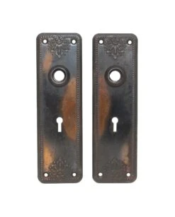 Pair Of 7.5 In. Beaded Floral Steel Japanned Door Back Plates