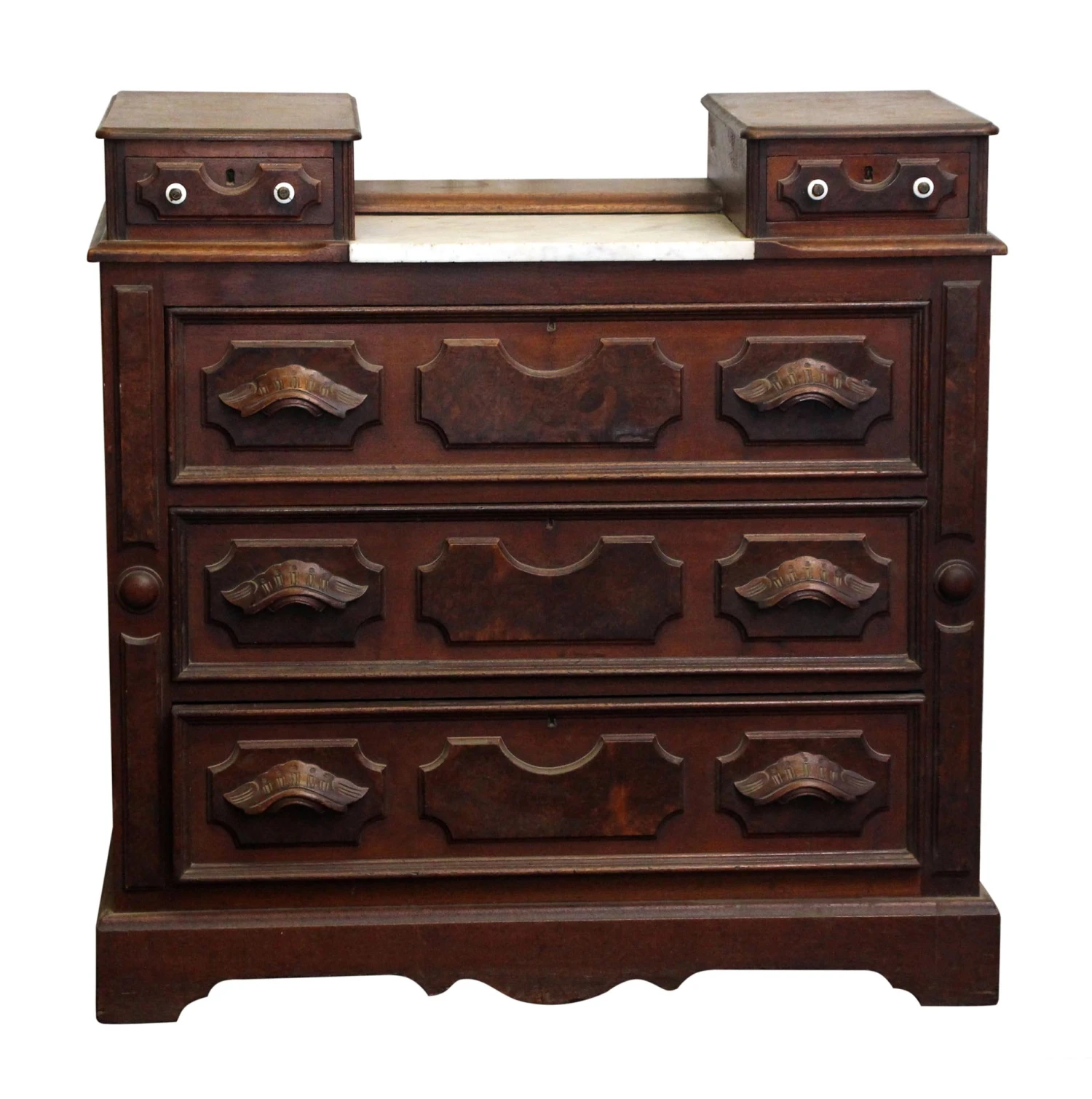 Dark Wood And Marble Top Five Drawer Dresser 4 Dark Wood And Marble Top Five Drawer Dresser - Image 2