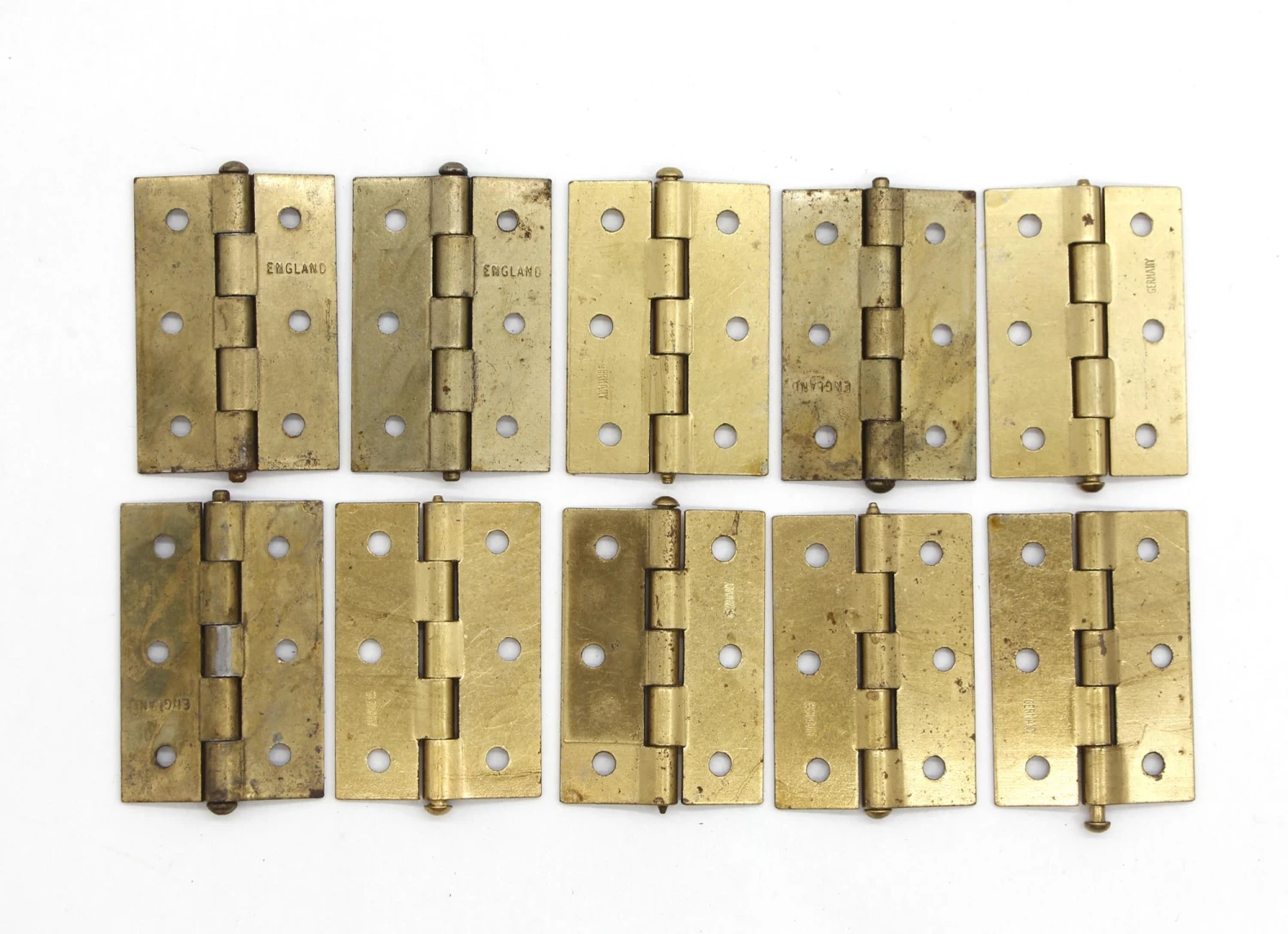 Set Of 10 Vintage 2.5 X 1.625 Brass Plated Steel Cabinet Hinges 4 Set Of 10 Vintage 2.5 X 1.625 Brass Plated Steel Cabinet Hinges - Image 2