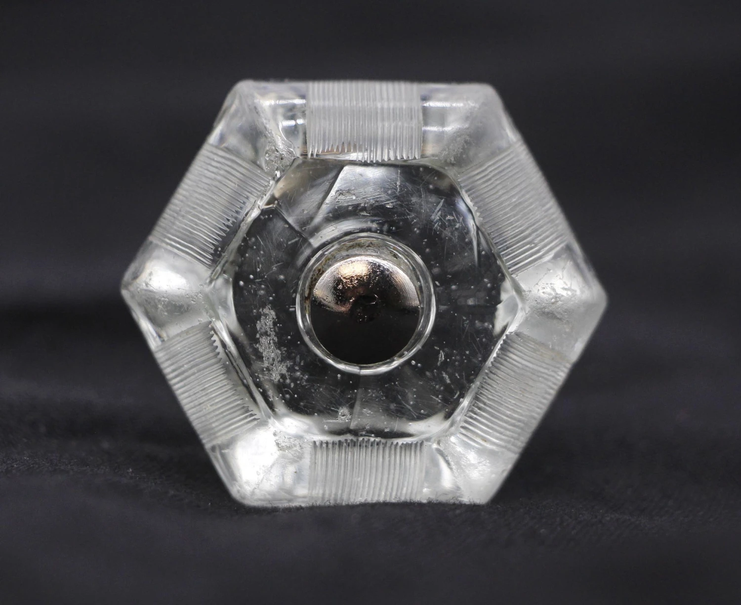 Vintage Hexagon Etched Lined 1.5 In. Glass Drawer Cabinet Knob 3 Vintage Hexagon Etched Lined 1.5 In. Glass Drawer Cabinet Knob