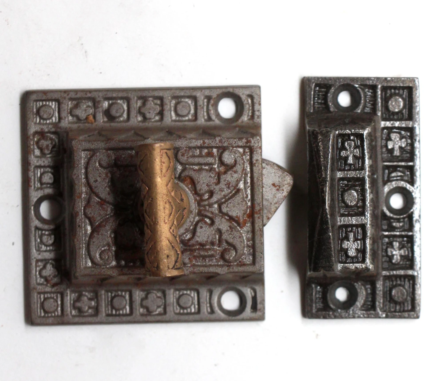 Antique Cast Iron Cabinet Latch With T Bronze Handle 4 Antique Cast Iron Cabinet Latch With T Bronze Handle - Image 2