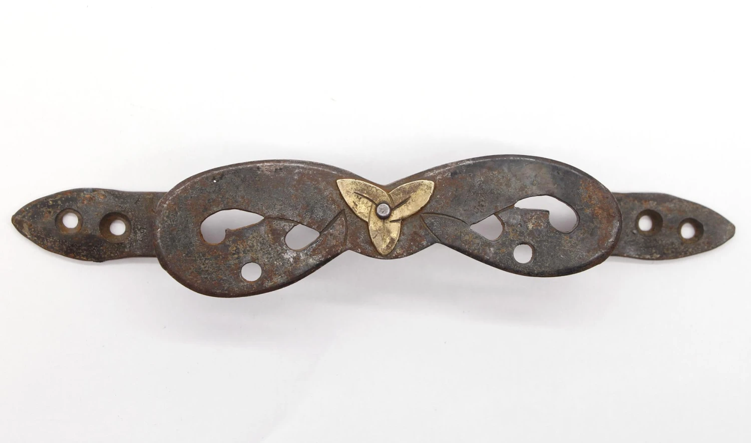 Antique 11.375 In. Cast Iron Center Brass Foliate Motif Trunk Pull 3 Antique 11.375 In. Cast Iron Center Brass Foliate Motif Trunk Pull