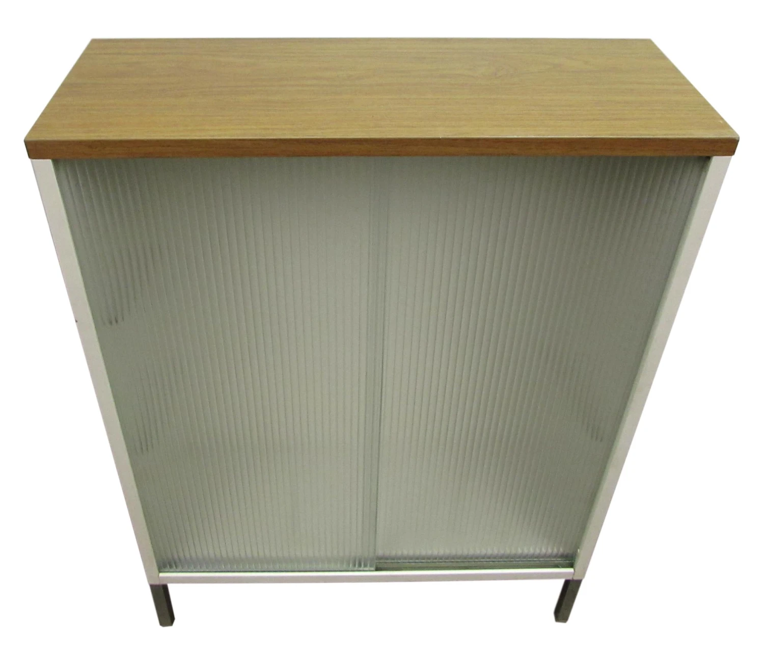 Vintage White Metal Cabinet With Sliding Ribbed Glass Doors 4 Vintage White Metal Cabinet With Sliding Ribbed Glass Doors - Image 2