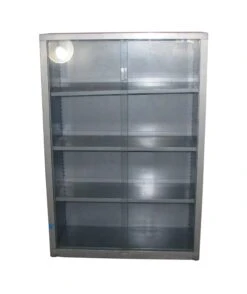 Vintage Gray Steel Bookcase With Glass Sliding Doors