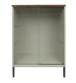 Vintage White Metal Cabinet With Sliding Ribbed Glass Doors