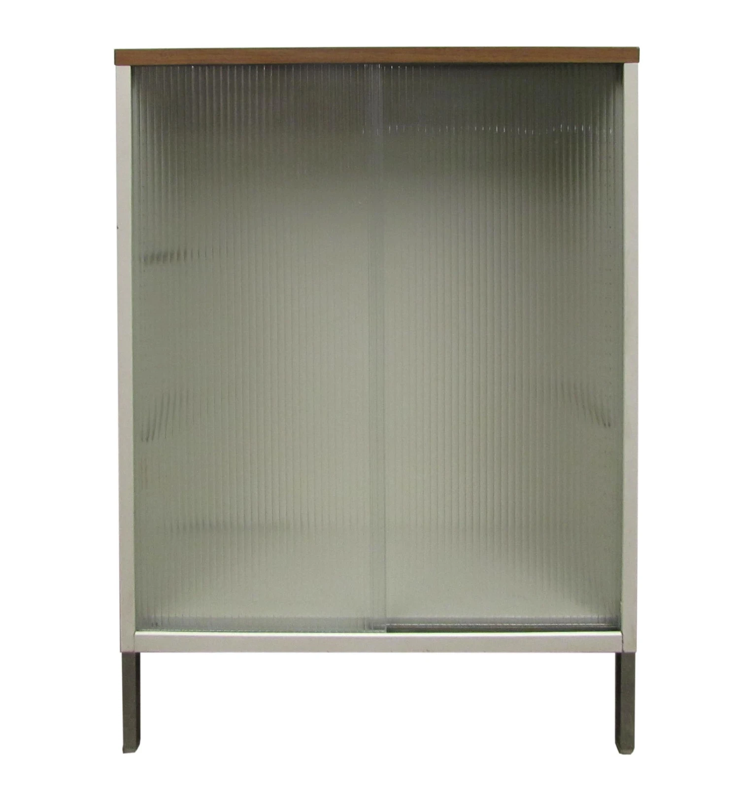 Vintage White Metal Cabinet With Sliding Ribbed Glass Doors 3 Vintage White Metal Cabinet With Sliding Ribbed Glass Doors