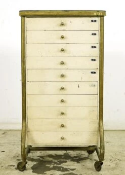Vintage White Wood Rolling Optician 10 Drawer Medical Cabinet