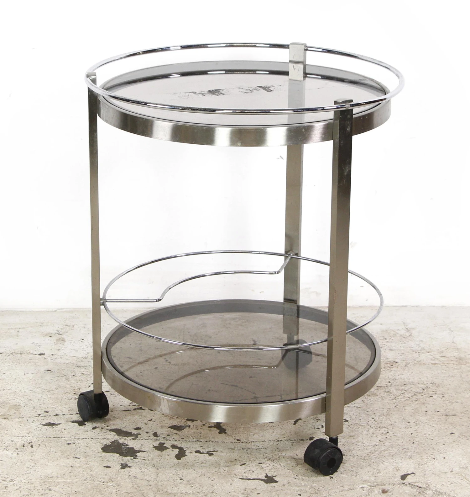 European Nickeled Steel Round Tinted Glass Bar Cart 4 European Nickeled Steel Round Tinted Glass Bar Cart - Image 2