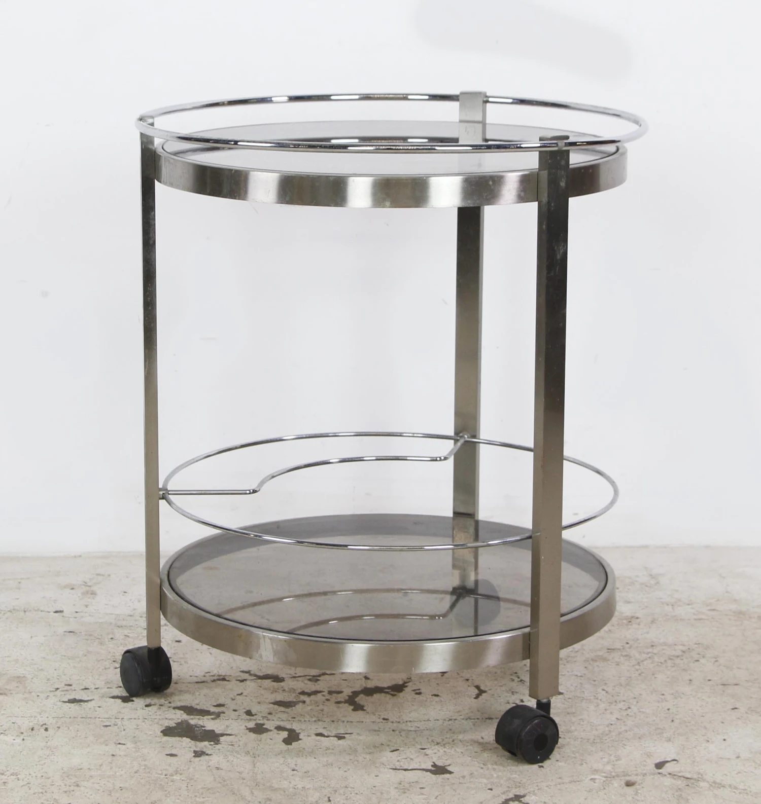 European Nickeled Steel Round Tinted Glass Bar Cart 5 European Nickeled Steel Round Tinted Glass Bar Cart - Image 3