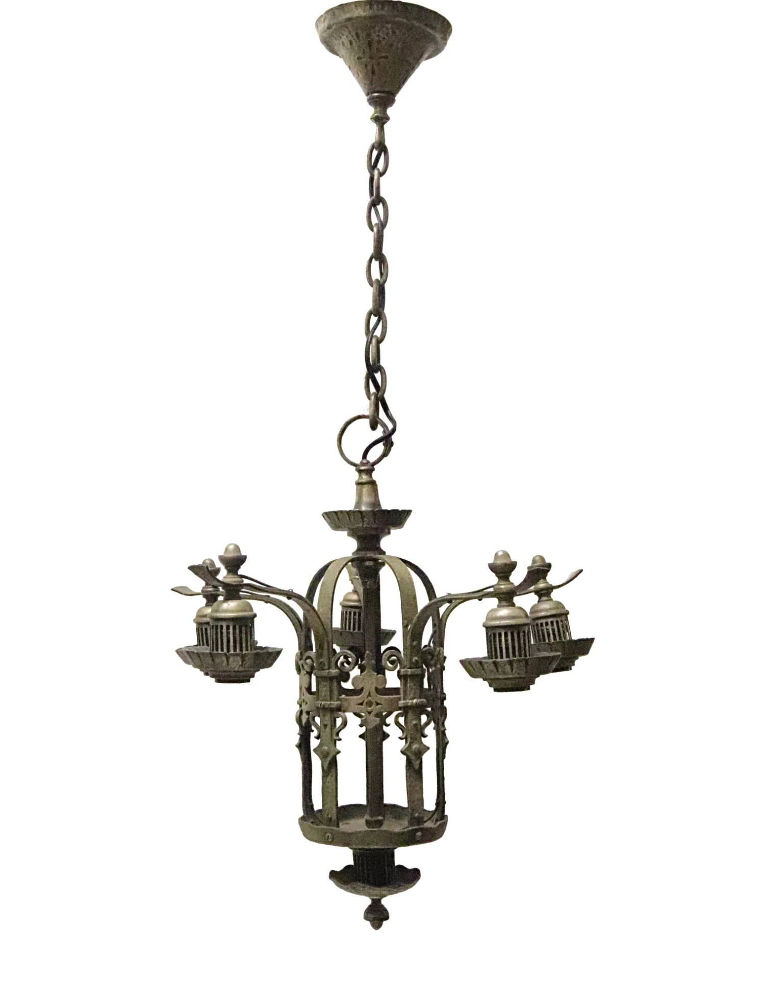 1910s Nickel Over Brass 5 Light Arts & Crafts Chandelier 3 1910s Nickel Over Brass 5 Light Arts & Crafts Chandelier