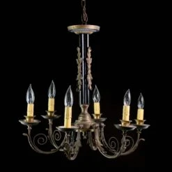 1920s French 6 Arm Scrolled Foliage Brass Chandelier