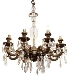 1930s 8 Arm Crystal & Bronze Chandelier
