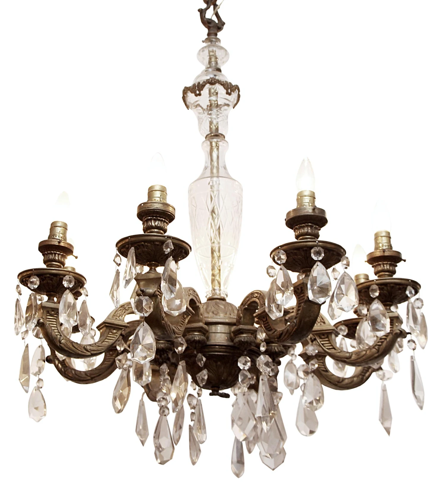 1930s 8 Arm Crystal & Bronze Chandelier 3 1930s 8 Arm Crystal & Bronze Chandelier