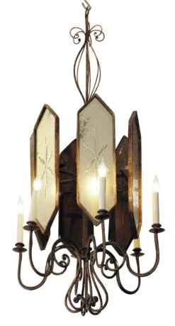 1930s Art Deco Venetian Etched Mirrored 6 Arm Glass Chandelier