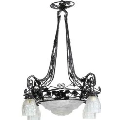 1930s Art Deco Wrought Iron & Glass 4 Light Chandelier