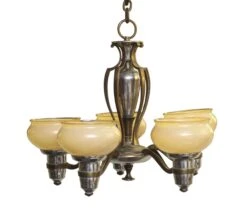 1930s Bronze & Nickel Chandelier With 5 Glass Slip Shades
