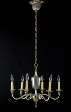 1940s Federal Nickeled Brass 6 Arm Chandelier