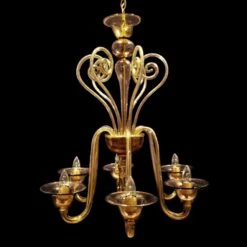1950s Vintage Amber Murano Glass 6 J Shaped Arm Chandelier