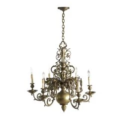 Antique Art Deco 6 Arm Brass Chandelier