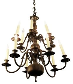 Antique Dutch Colonial Bronze 12 Arm Chandelier