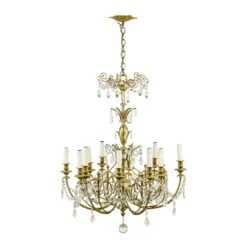 Antique French 12 Arm Gold Plated Crystal Chandelier